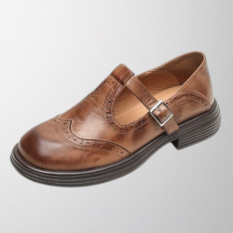 Women's black buckle strap brogue flats round-toe cushioned insole office smart-casual style