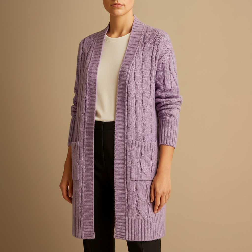 Women's cable knit long open-front cardigan with pockets, cozy relaxed fit layering essential