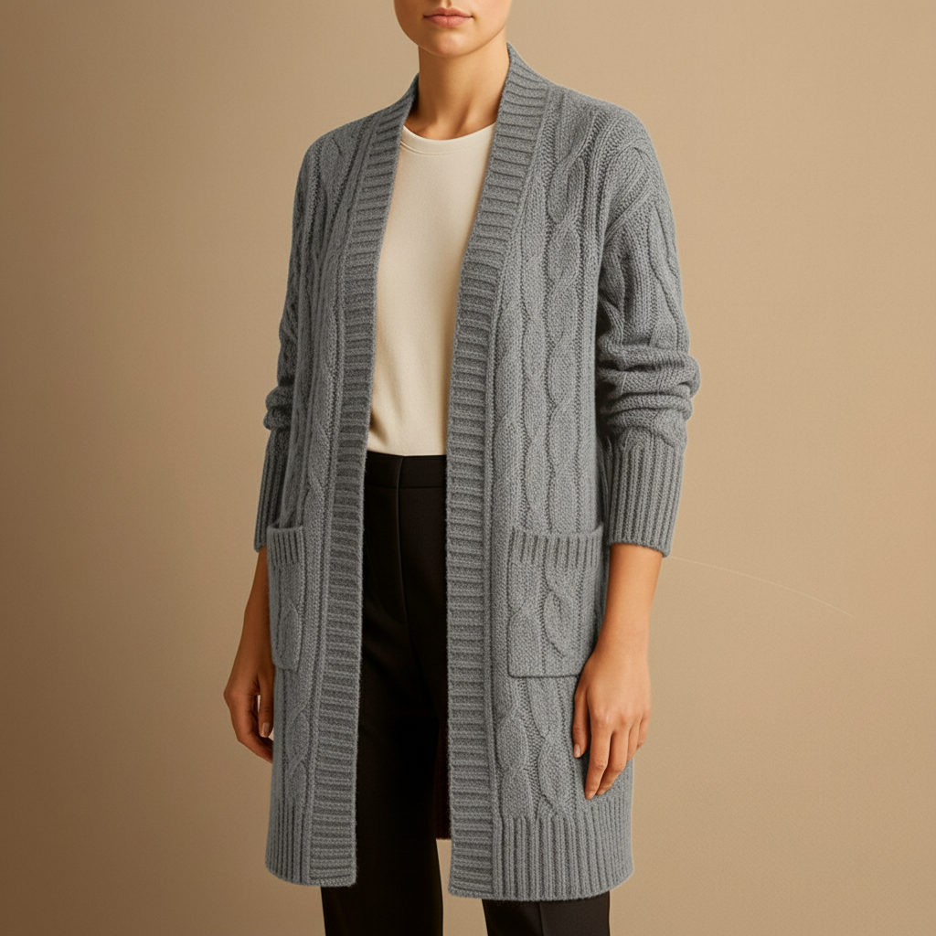 Women's cable knit long open-front cardigan with pockets, cozy relaxed fit layering essential