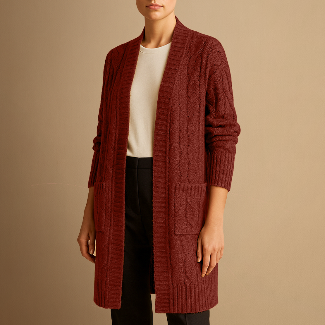 Women's cable knit long cardigan open front relaxed fit with pockets cozy layering essential