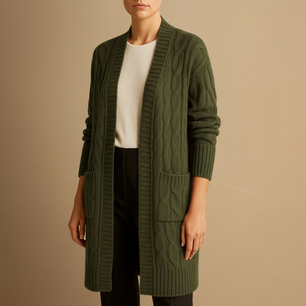 Women's cable knit long cardigan open front relaxed fit with pockets cozy layering essential