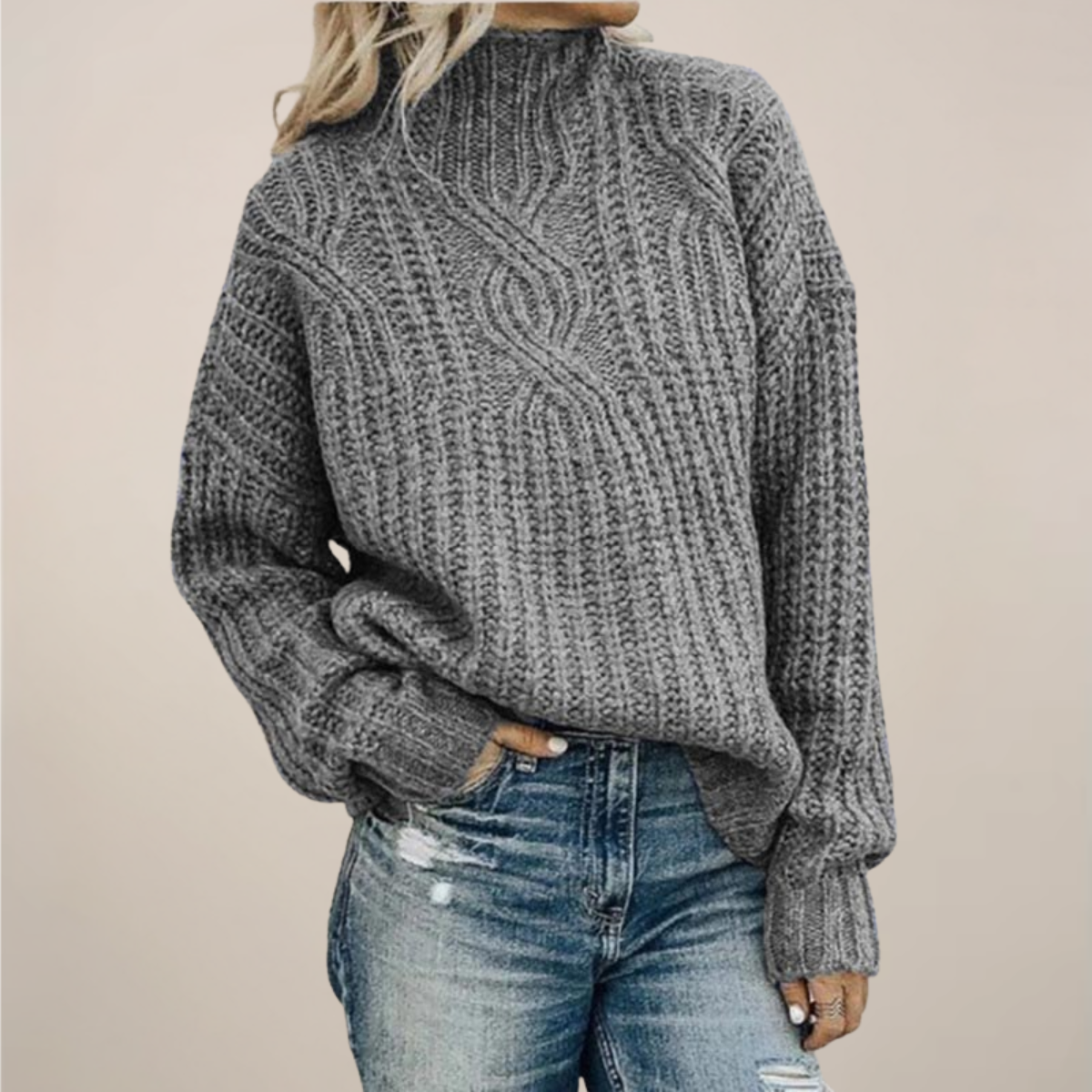 Women's black cable knit sweater mock neck relaxed fit chunky texture cozy everyday essential