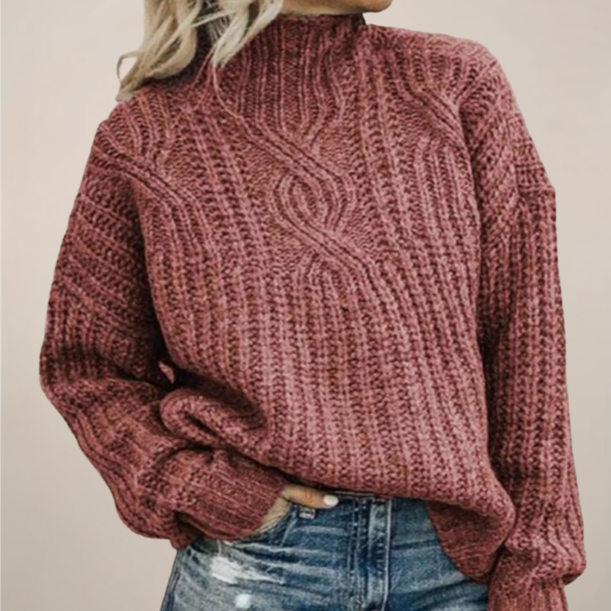 Women's black cable knit sweater mock neck relaxed fit chunky texture cozy everyday layering essential
