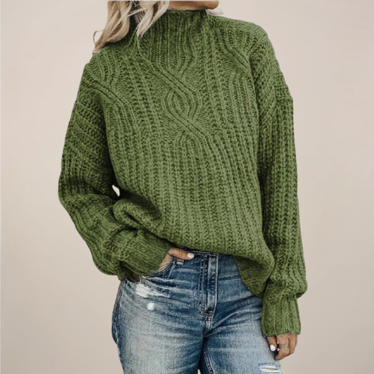 Women's black cable knit sweater mock neck relaxed fit chunky texture cozy layering essential