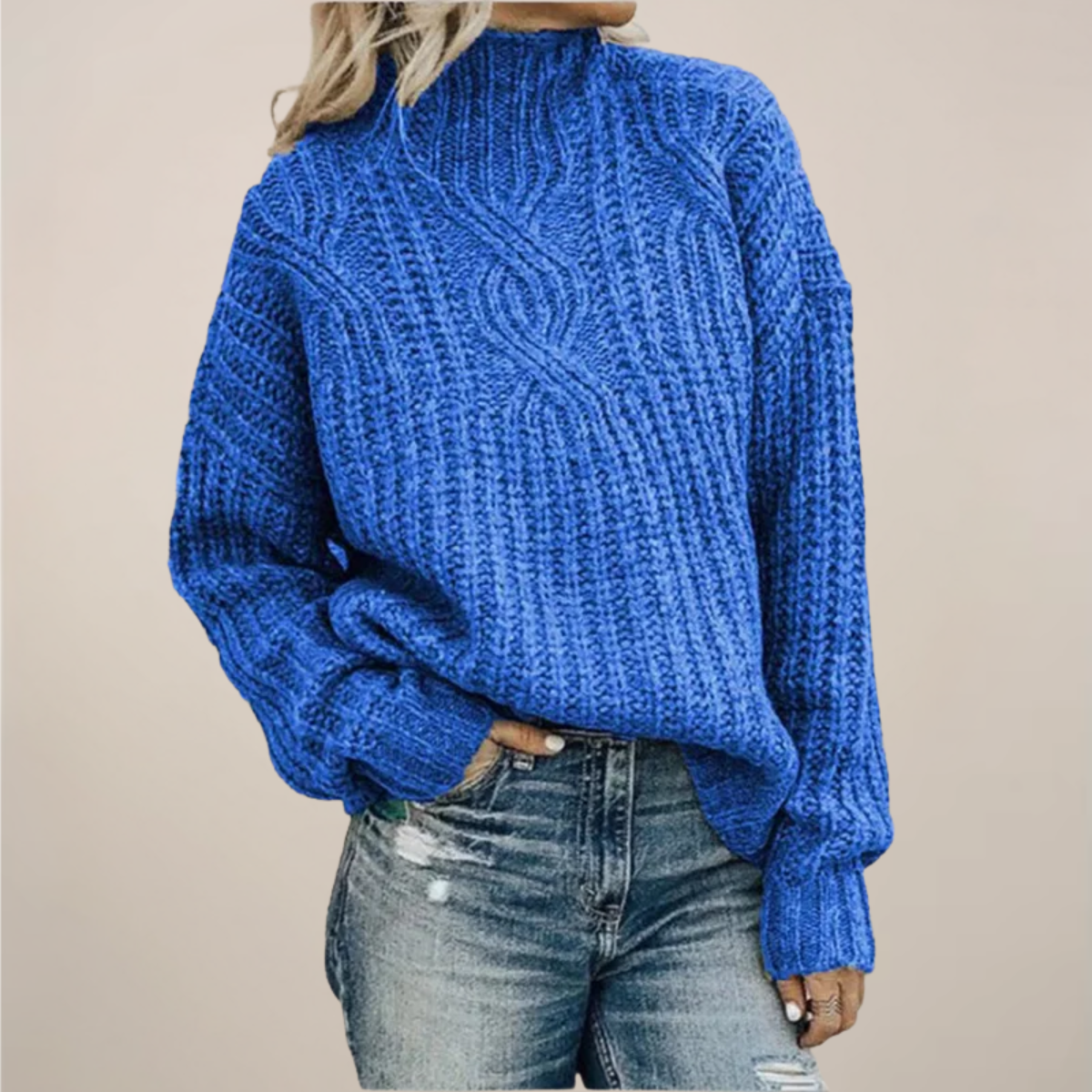 Women's black cable knit sweater mock neck relaxed fit chunky texture cozy layering essential