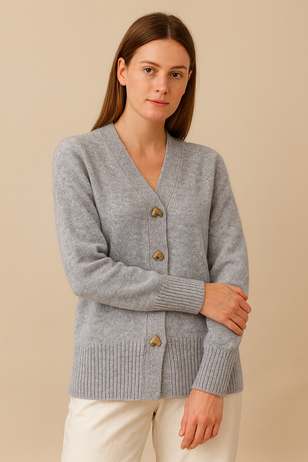 Women's soft cozy V-neck cardigan with long sleeves and charming gold heart-shaped buttons