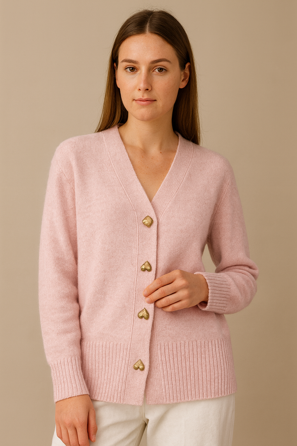 Women's soft cozy V-neck cardigan with gold heart buttons, long sleeve elegant layering sweater
