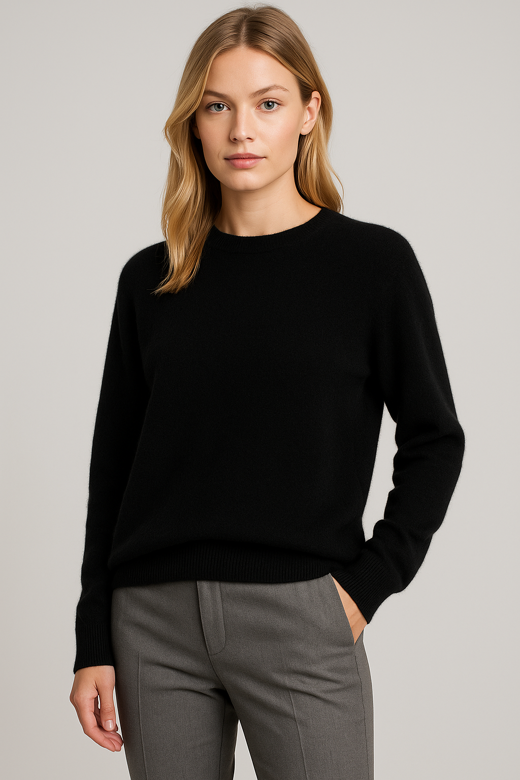 Women's soft knit crew neck sweater, regular fit long sleeve with ribbed cuffs, timeless minimal style