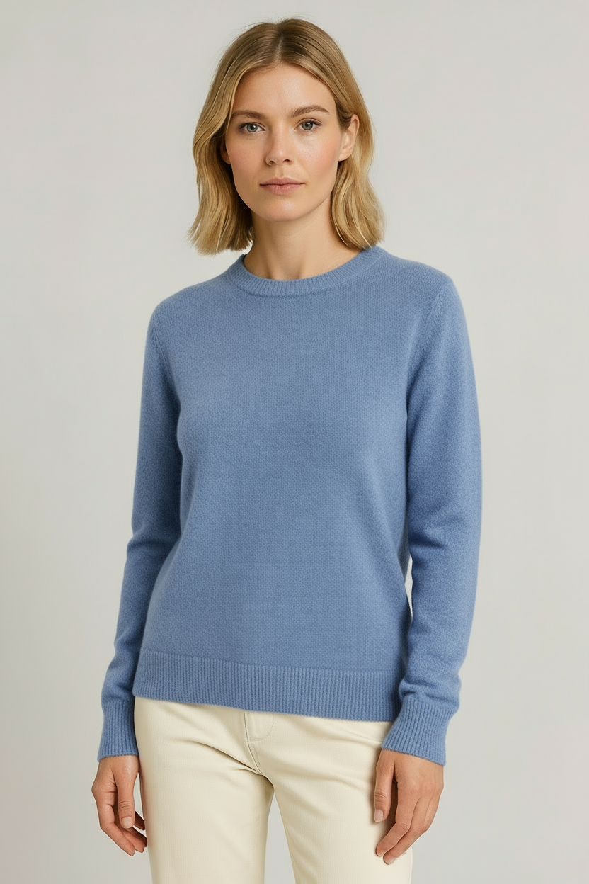 Women's classic crew neck sweater soft knit long sleeve ribbed cuffs minimal silhouette layering essential