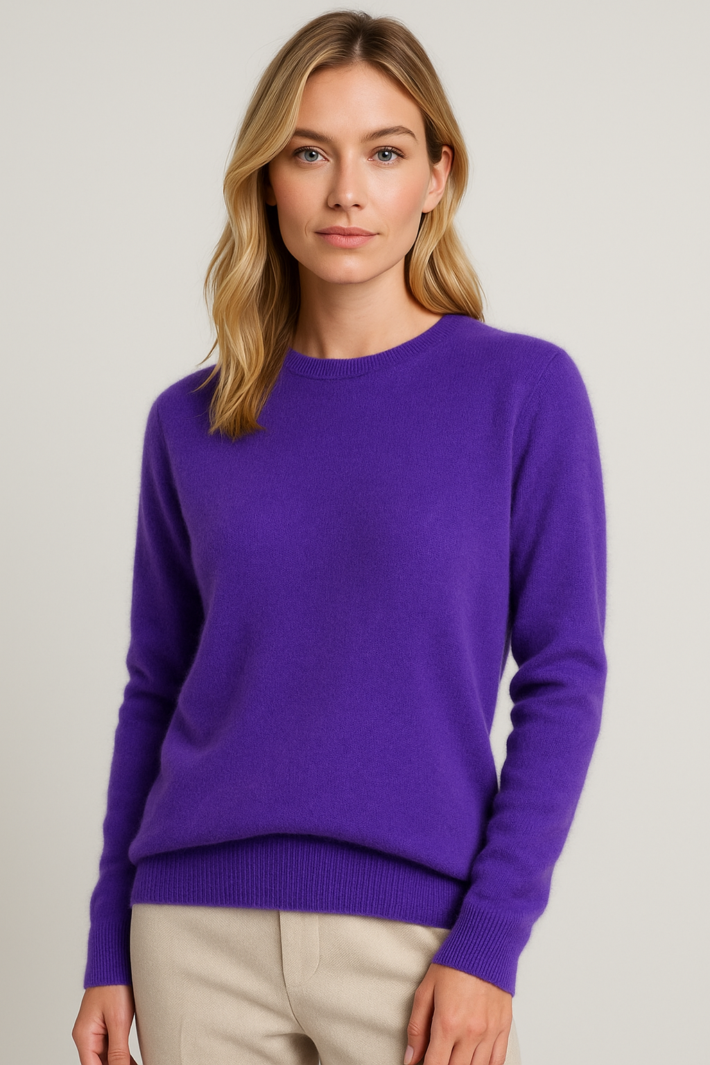 Women's classic crew neck sweater soft knit long sleeve with ribbed cuffs, minimal silhouette