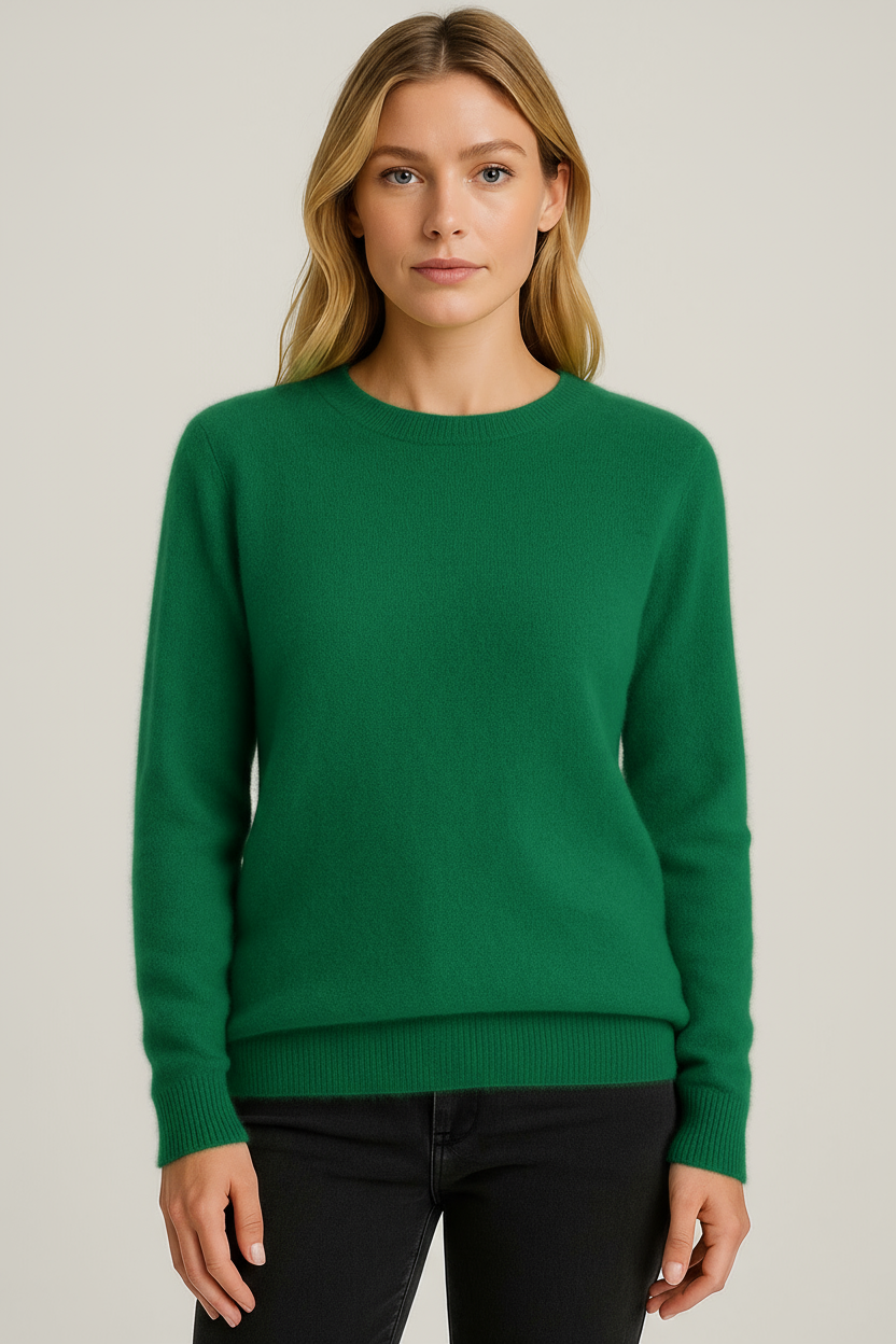 Women's soft knit crew neck sweater, regular fit long sleeve with ribbed cuffs, classic minimal style