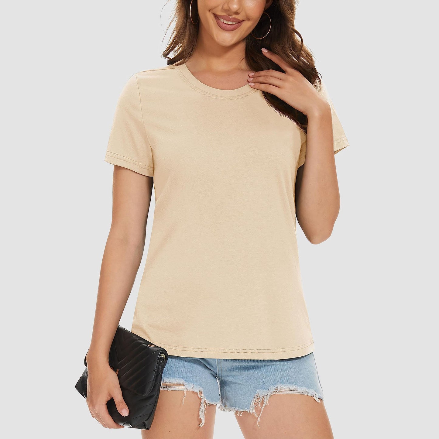 Women's cotton crewneck casual tee, lightweight breathable soft-touch tag-free everyday comfort shirt