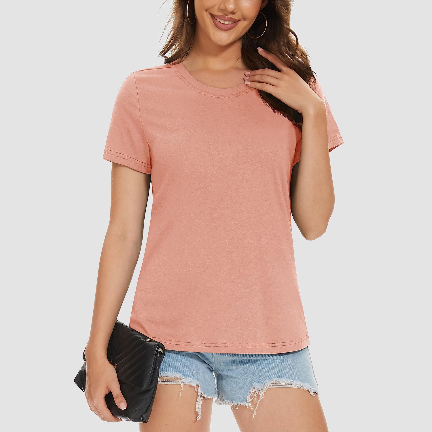 Women's cotton crewneck casual tee, lightweight breathable soft-touch tag-free everyday comfort shirt
