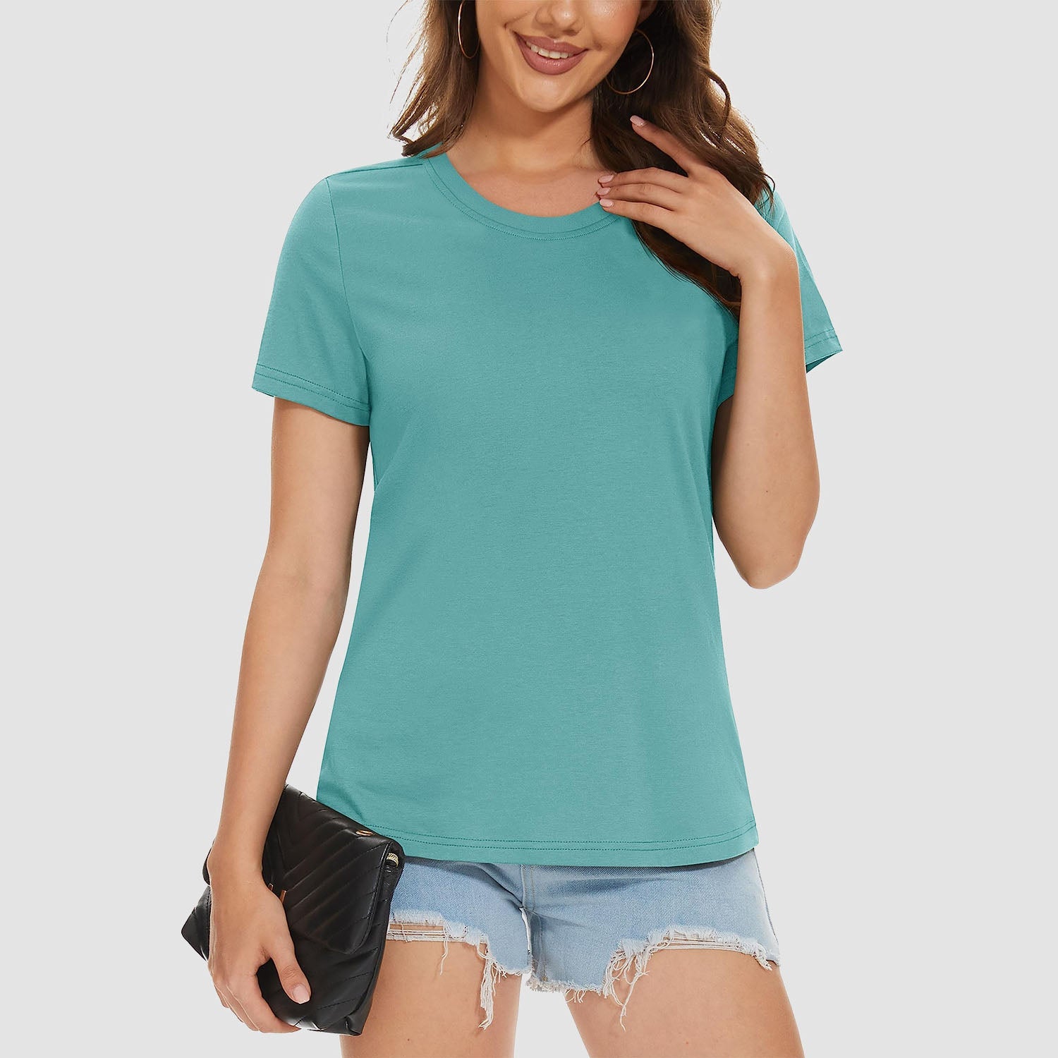 Women's cotton crewneck tee, lightweight breathable soft-touch fabric, tag-free casual everyday fit