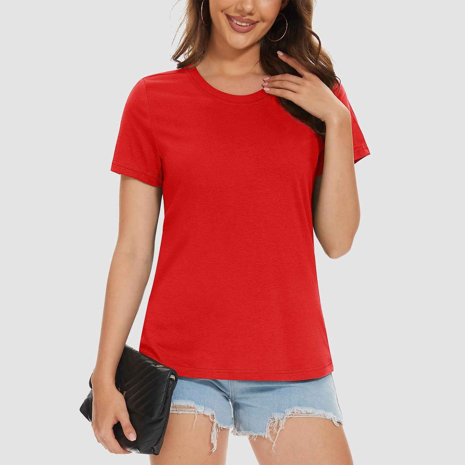Women's cotton crewneck casual tee, lightweight breathable soft-touch tag-free everyday comfort fit