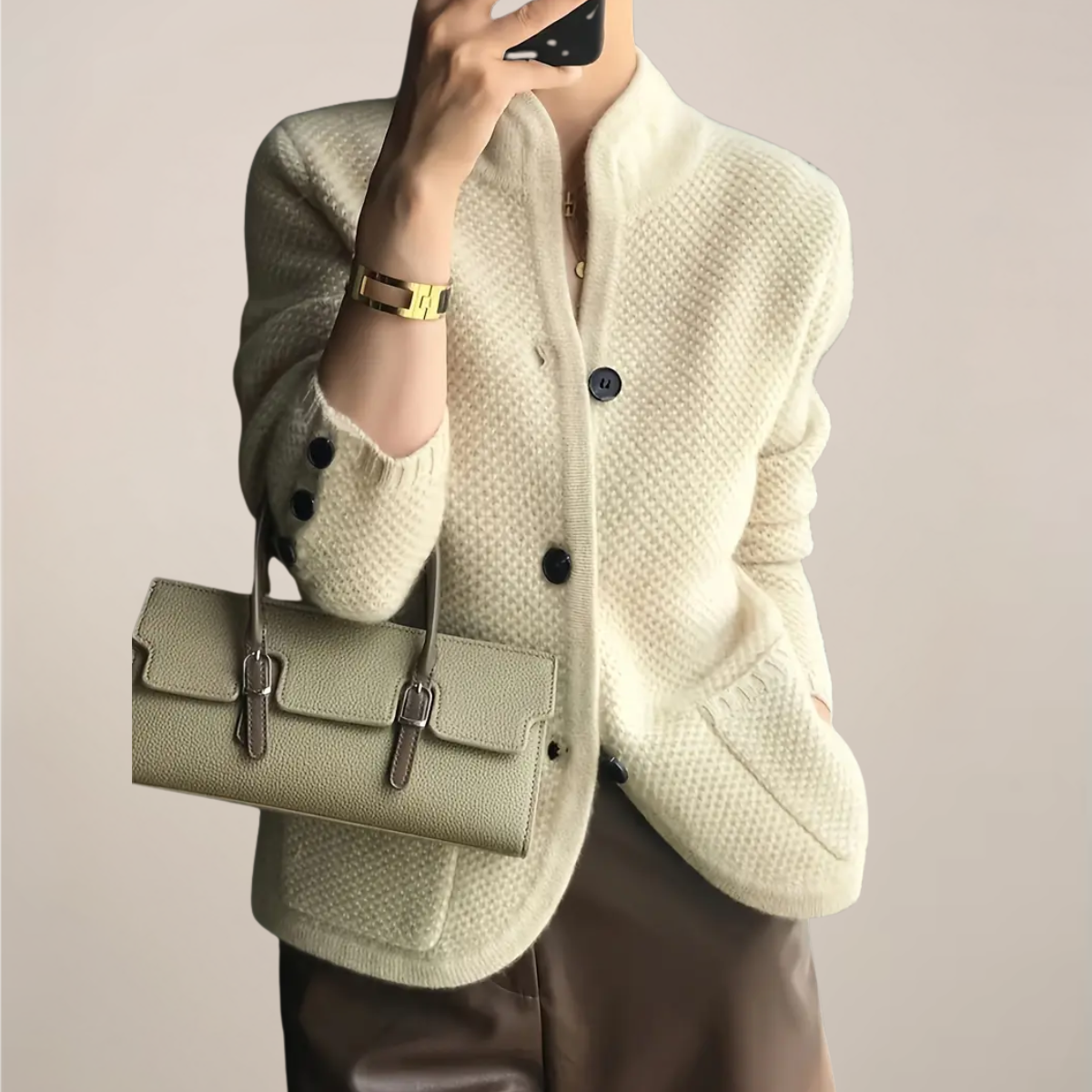 Women’s Cream Cardigan Sweater – Textured Knit, Stand Collar - Urbann-Vibe