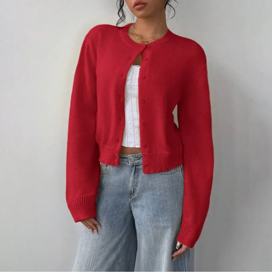Women's cropped button cardigan soft knit relaxed fit with ribbed cuffs for casual layering