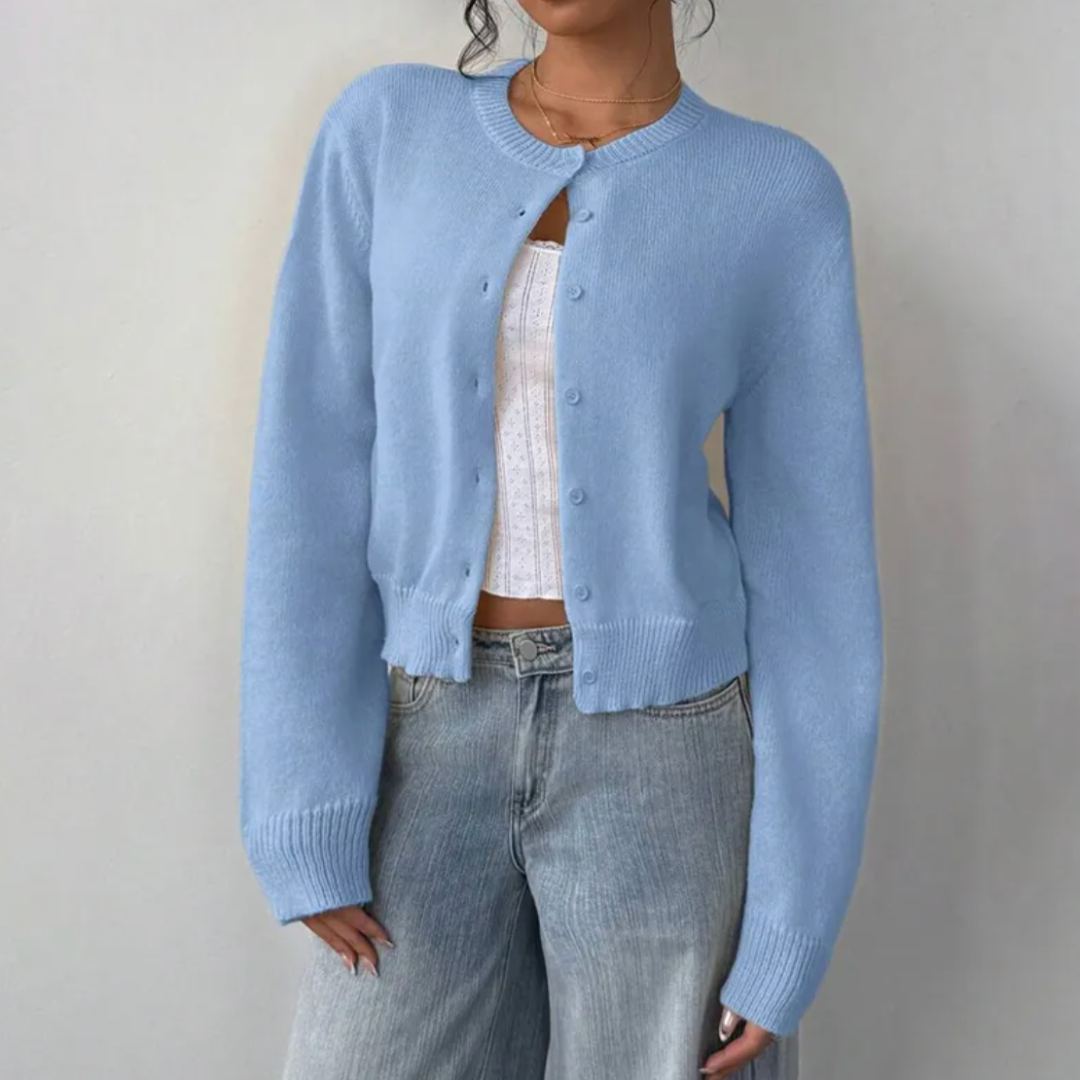 Women's cropped button cardigan soft knit relaxed fit with ribbed cuffs for casual layering