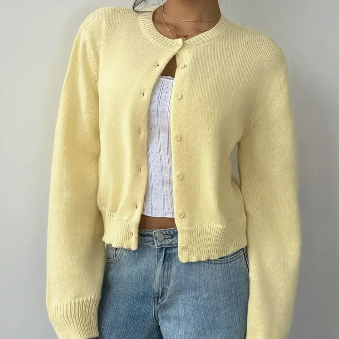 Women's cropped button cardigan soft knit relaxed fit with ribbed cuffs for casual layering