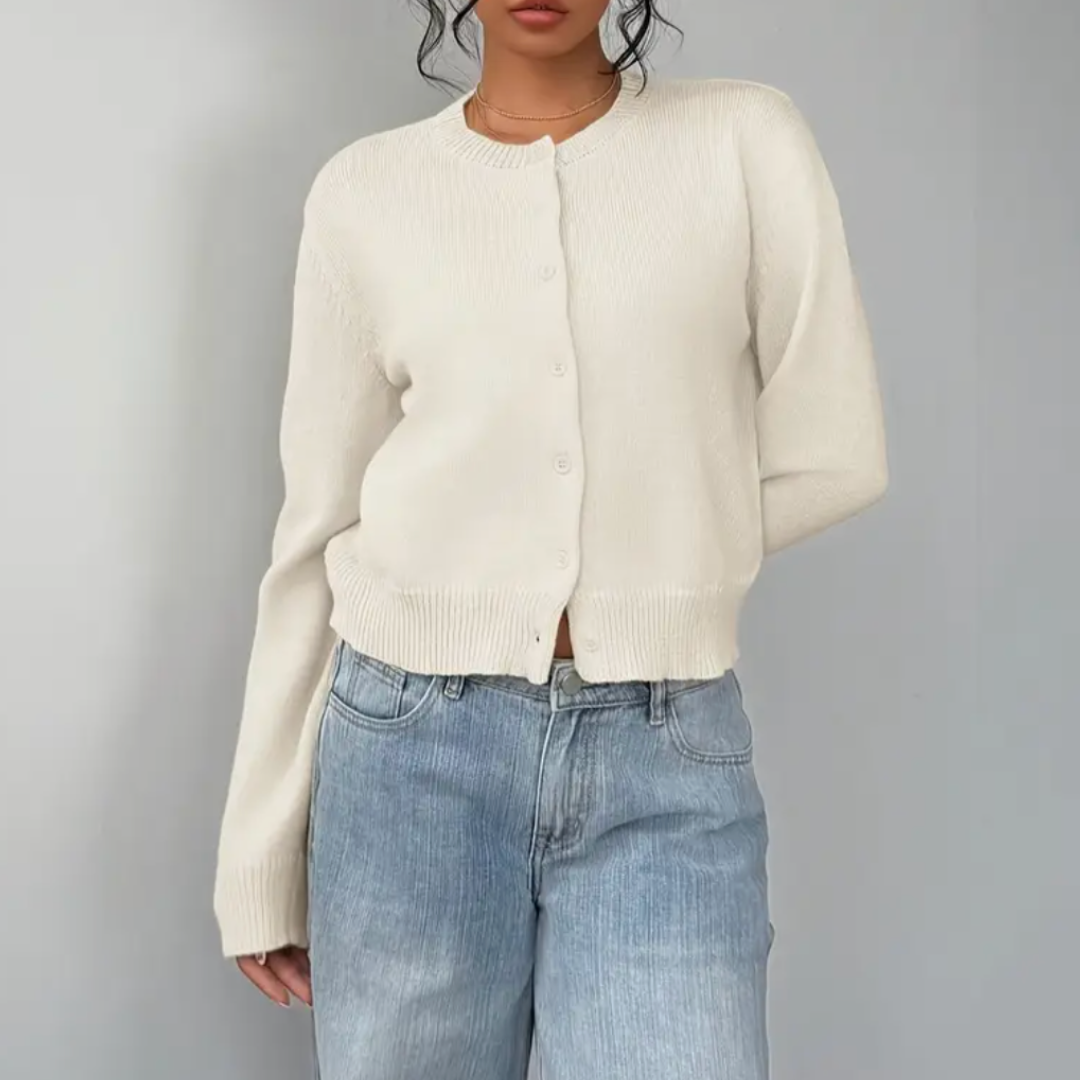 Women's cropped soft knit button cardigan relaxed slim fit with ribbed cuffs for casual layering