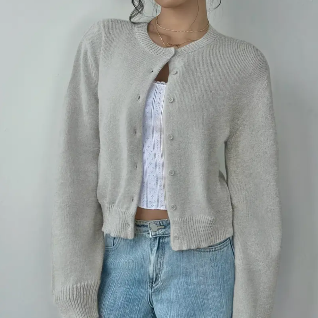 Women's cropped button cardigan soft knit relaxed slim fit with ribbed cuffs and round neckline