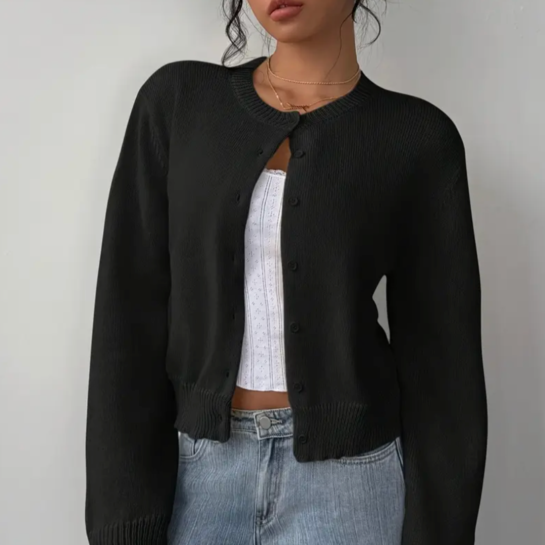 Women's cropped button cardigan soft knit relaxed fit with ribbed cuffs casual layering essential