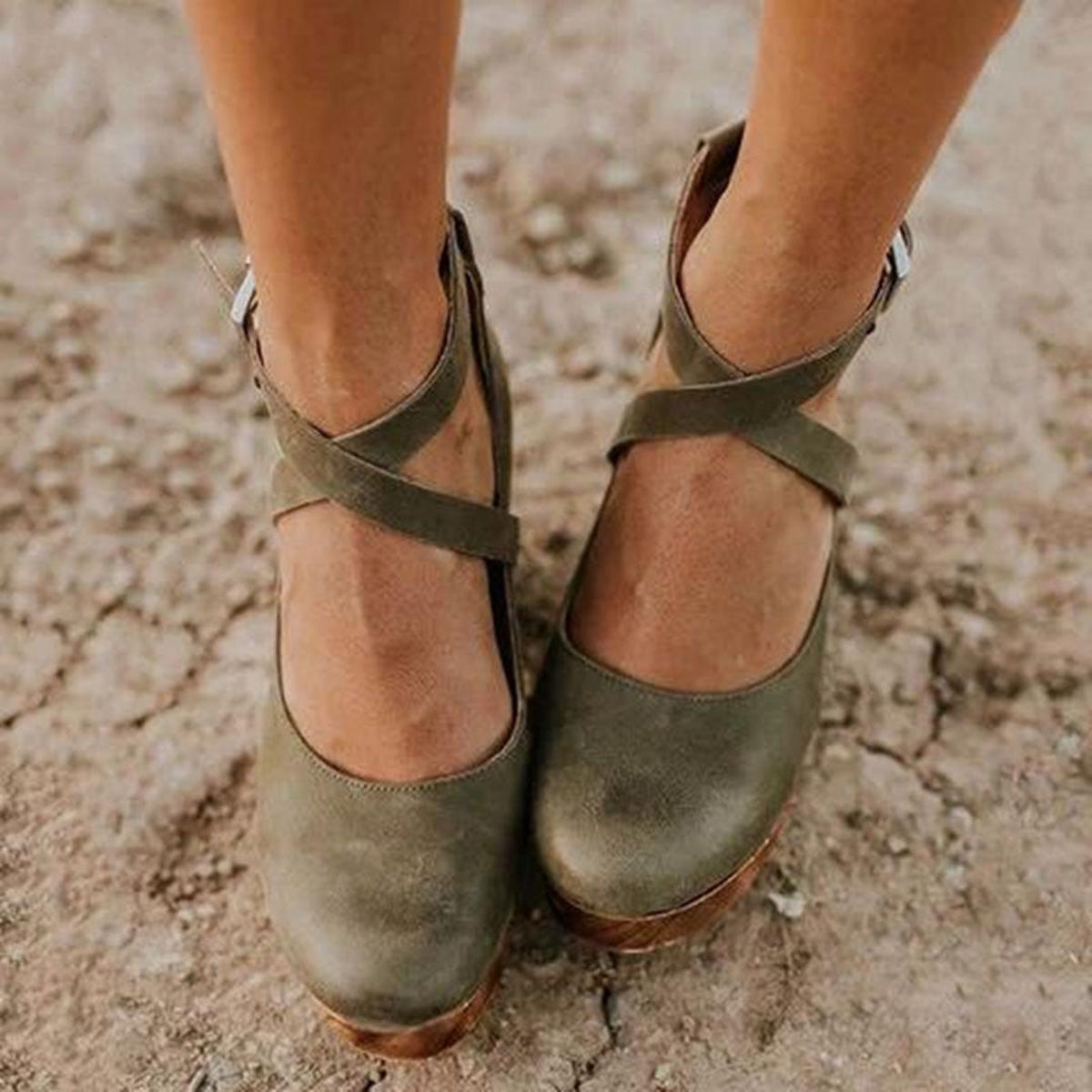 Women's retro cross strap wedge heels with vintage-inspired design for all-day comfort and secure fit