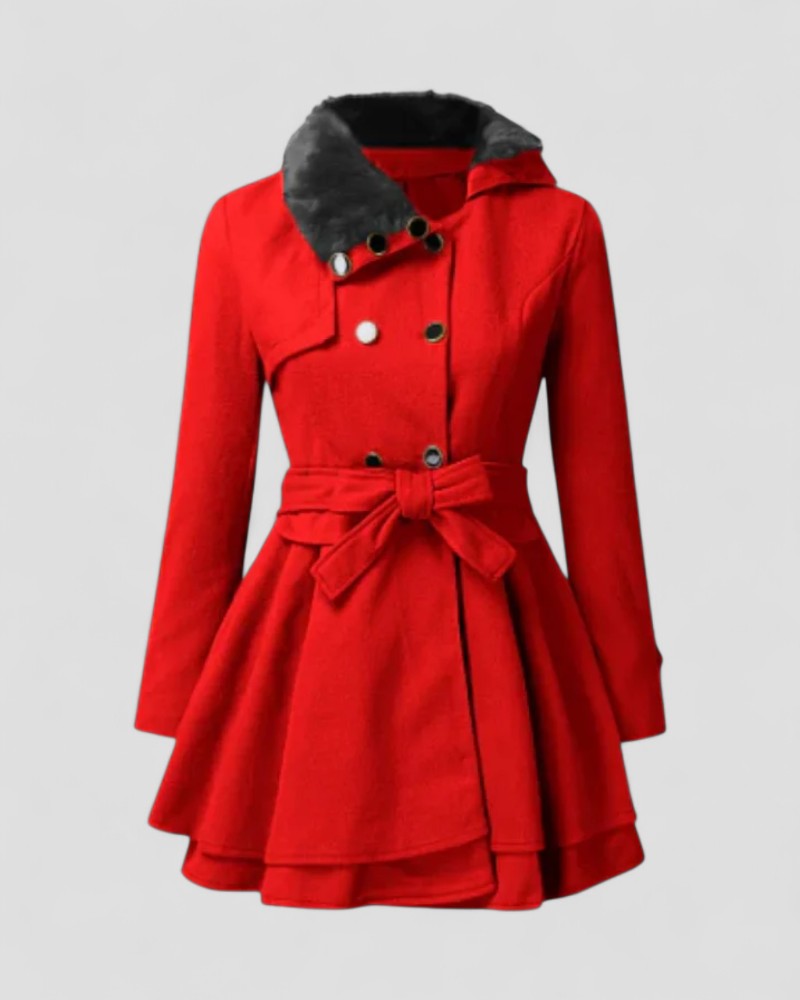 Women's double-breasted belted winter coat with fur collar, structured silhouette, polished cold-weather style