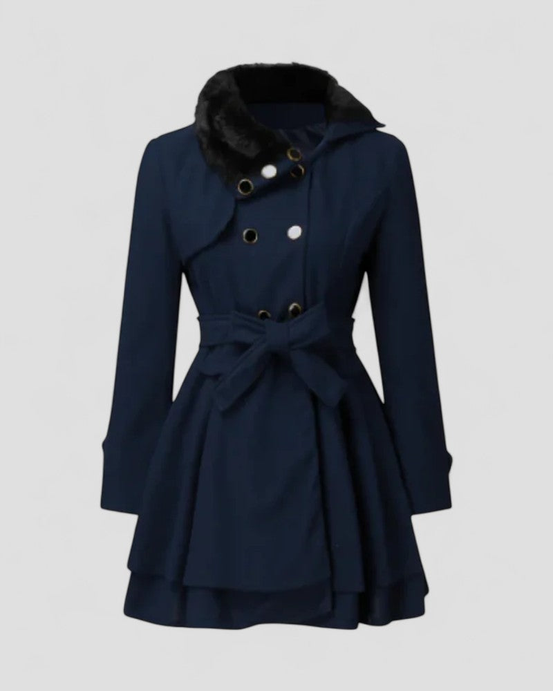 Women's double-breasted belted winter coat with fur collar, structured silhouette, polished cold-weather style