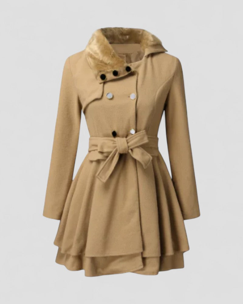 Women's double-breasted belted winter coat with fur collar, structured silhouette, polished elegant style