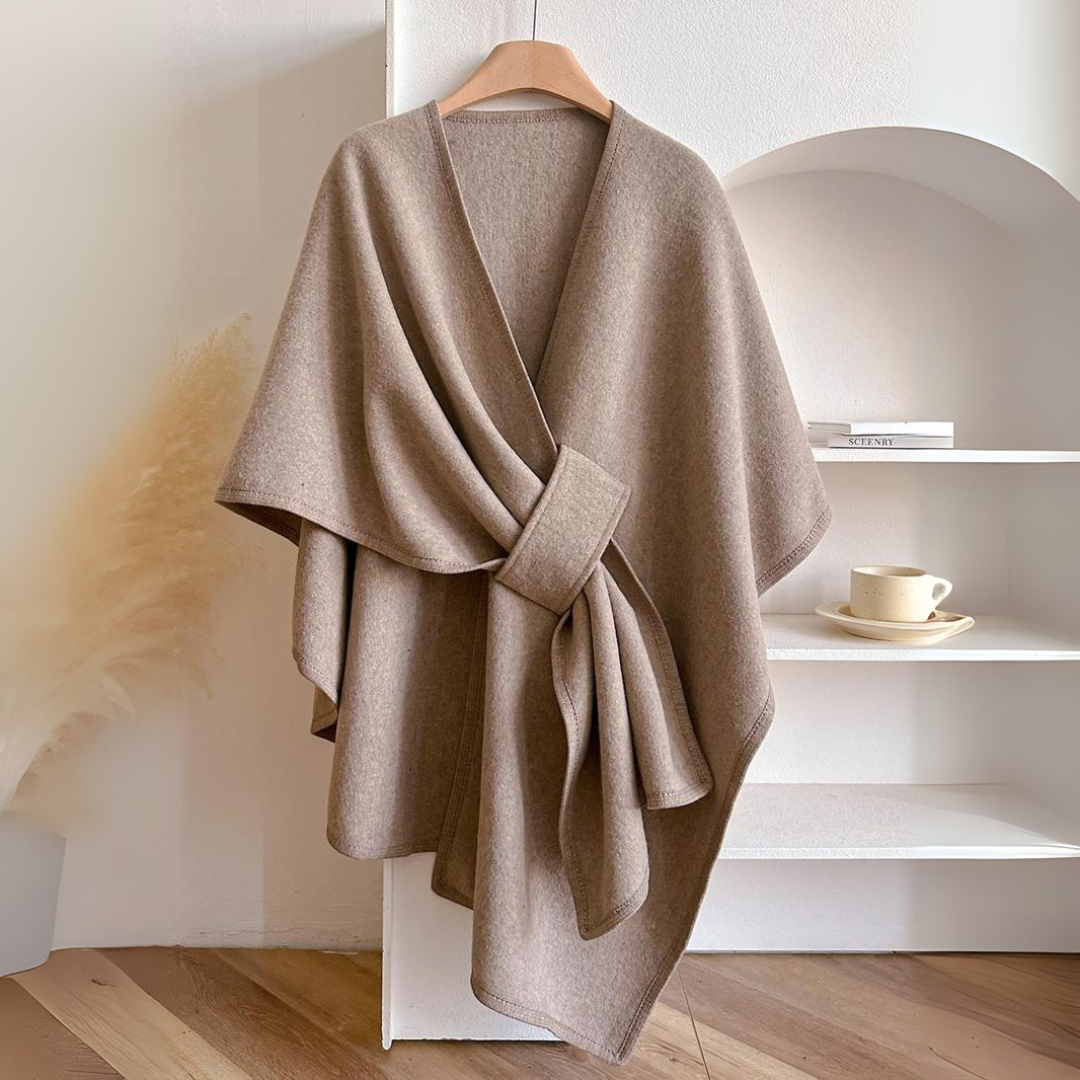 Women's lightweight drape shawl wrap with wide self-tie belt, flowing open front, all-season elegant layering
