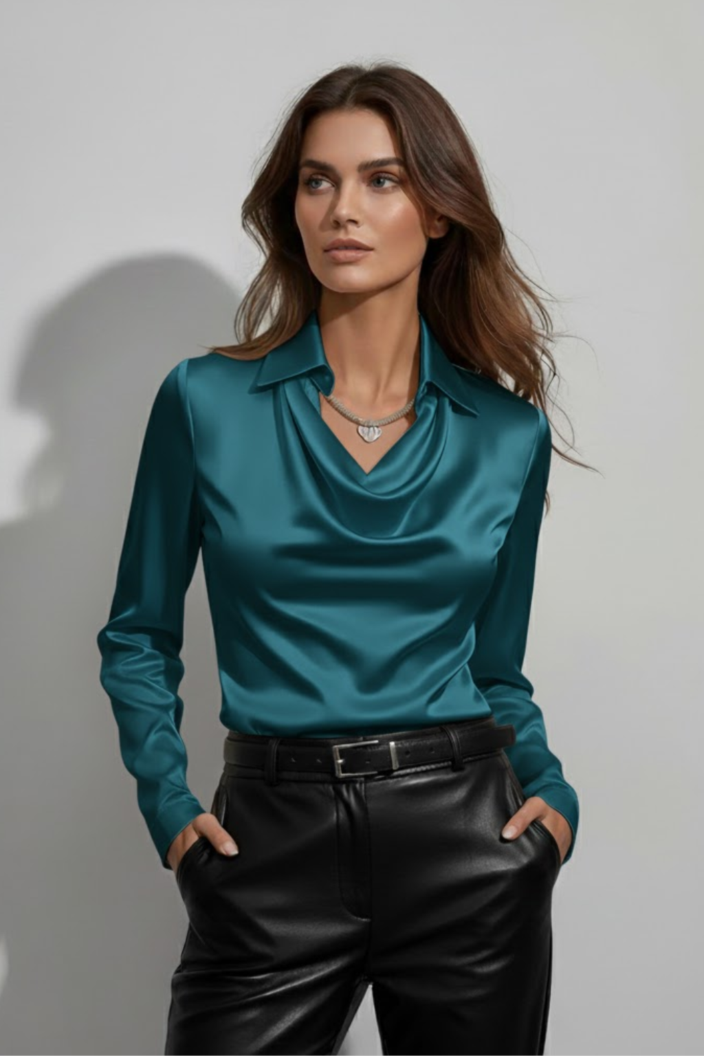 Women's draped cowl neck blouse long sleeves fluid silhouette soft sheen finish professional elegant