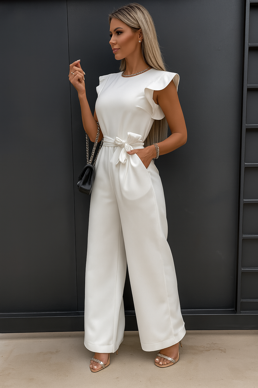Petite elegant jumpsuit flattering silhouette soft luxurious fabric special occasions wedding-ready