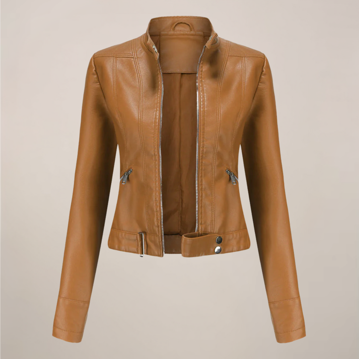 Women's black faux leather biker jacket slim tailored short zip-up with belted hem
