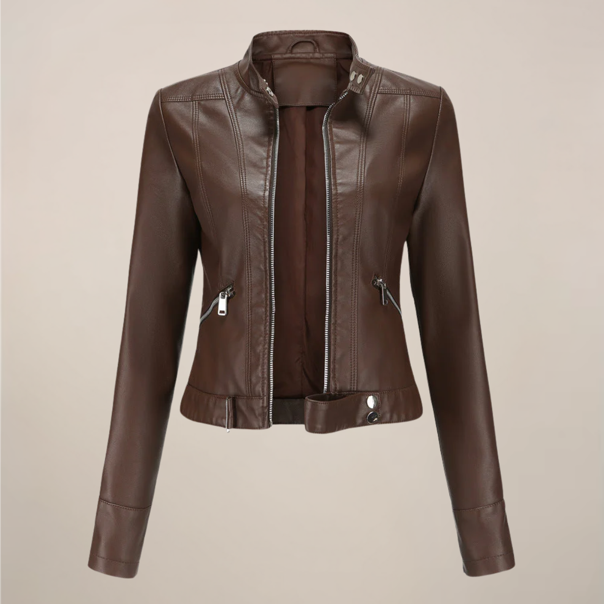 Women's black faux leather biker jacket slim tailored zip-up with belted hem