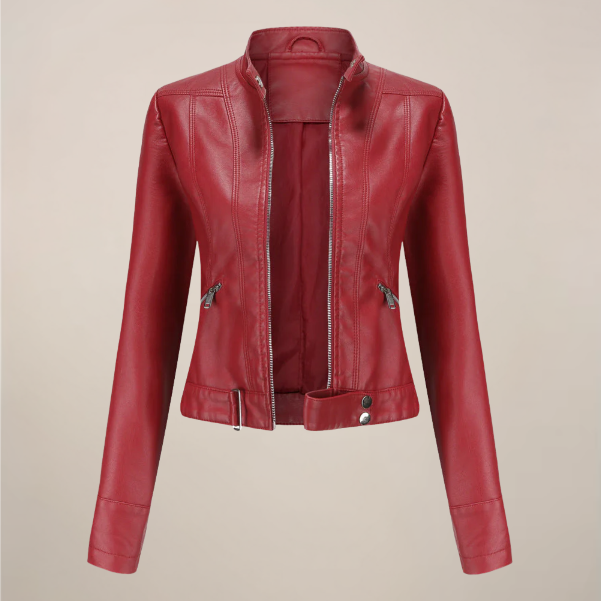 Women's black faux leather slim biker jacket with front zip closure and belted hem