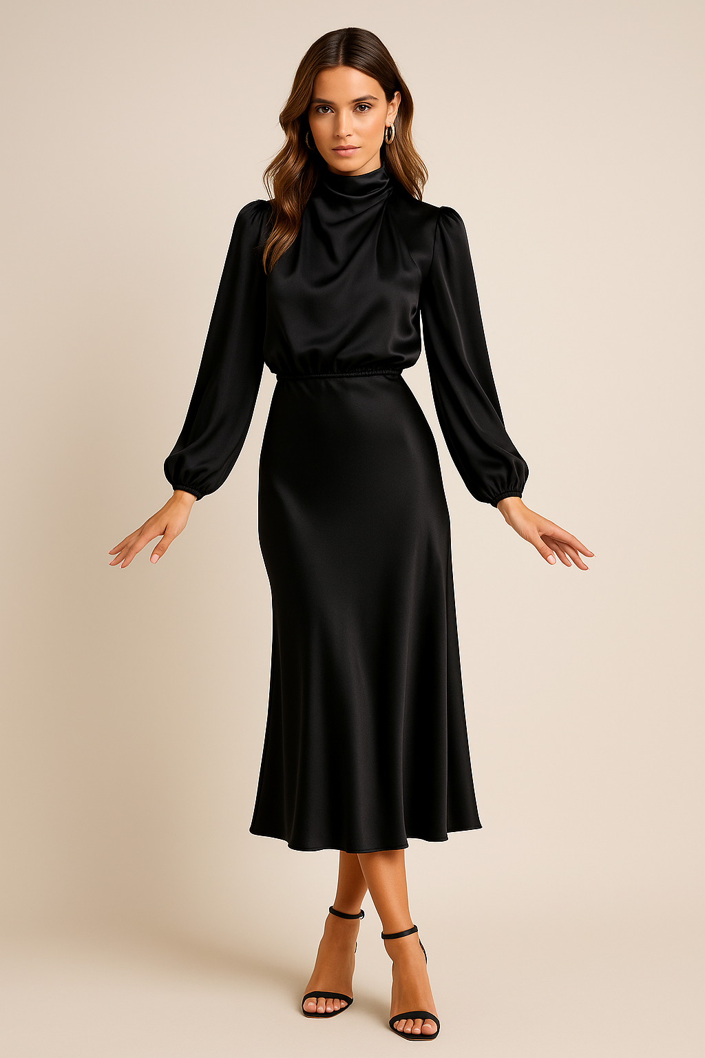 Elegant black high-neck midi dress with long sleeves, high waist silhouette, and lustrous finish