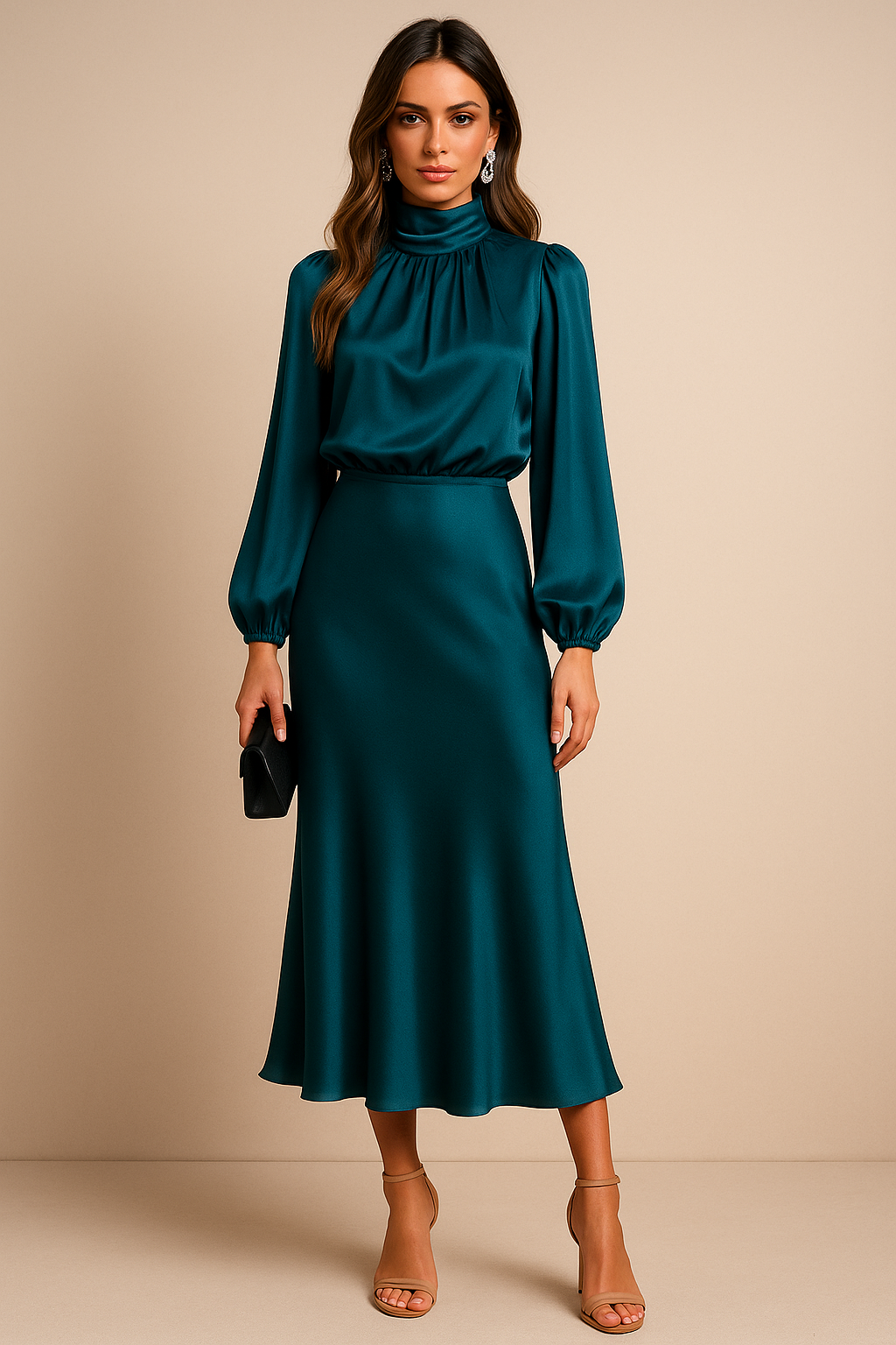 Women's high neck midi dress in elegant silhouette with long sleeves and lustrous high waist finish