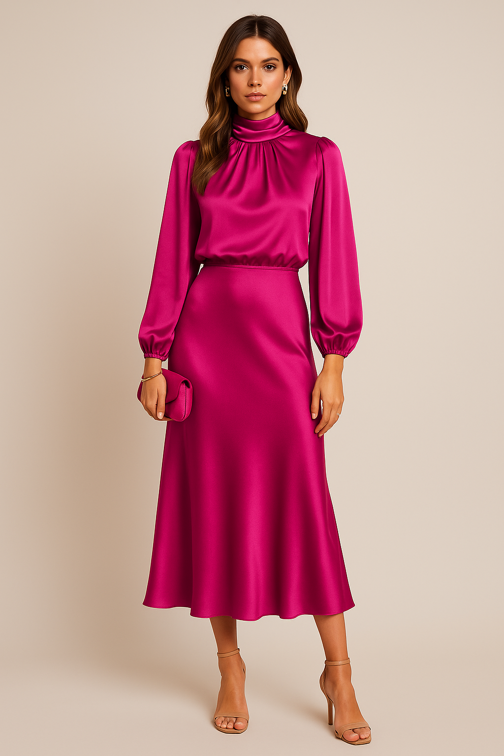 Women's high neck midi dress in elegant silhouette, long sleeves, lustrous finish, evening wear