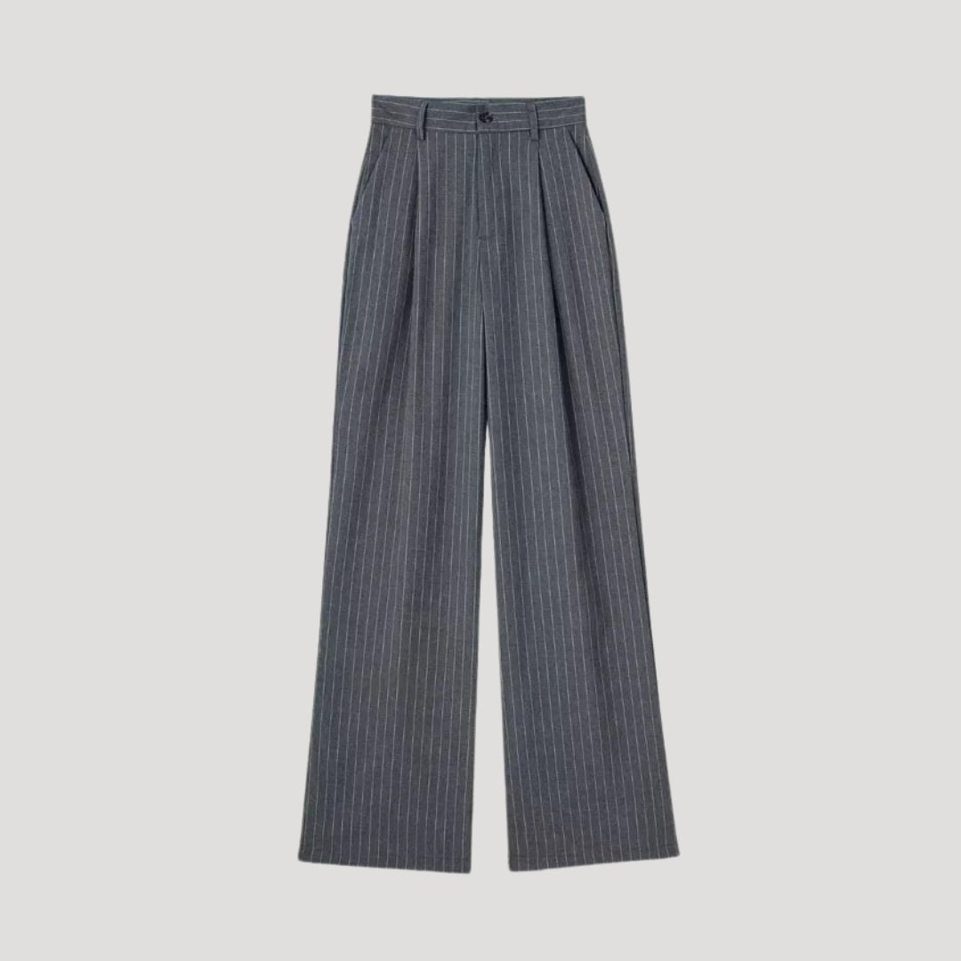 Women's pinstripe high-waist wide-leg trousers, elegant office wear with pleated front fluid drape