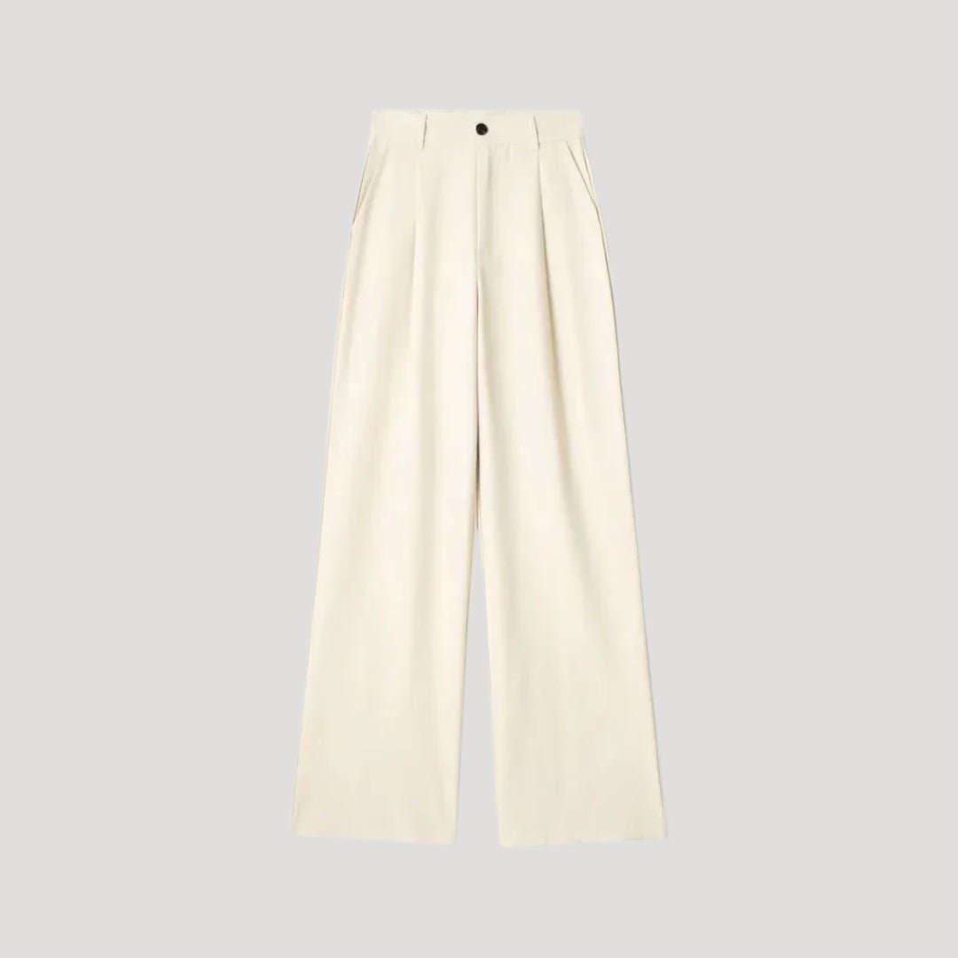Women's pinstripe high-waist wide-leg trousers with pleated front, elegant office-ready fluid drape