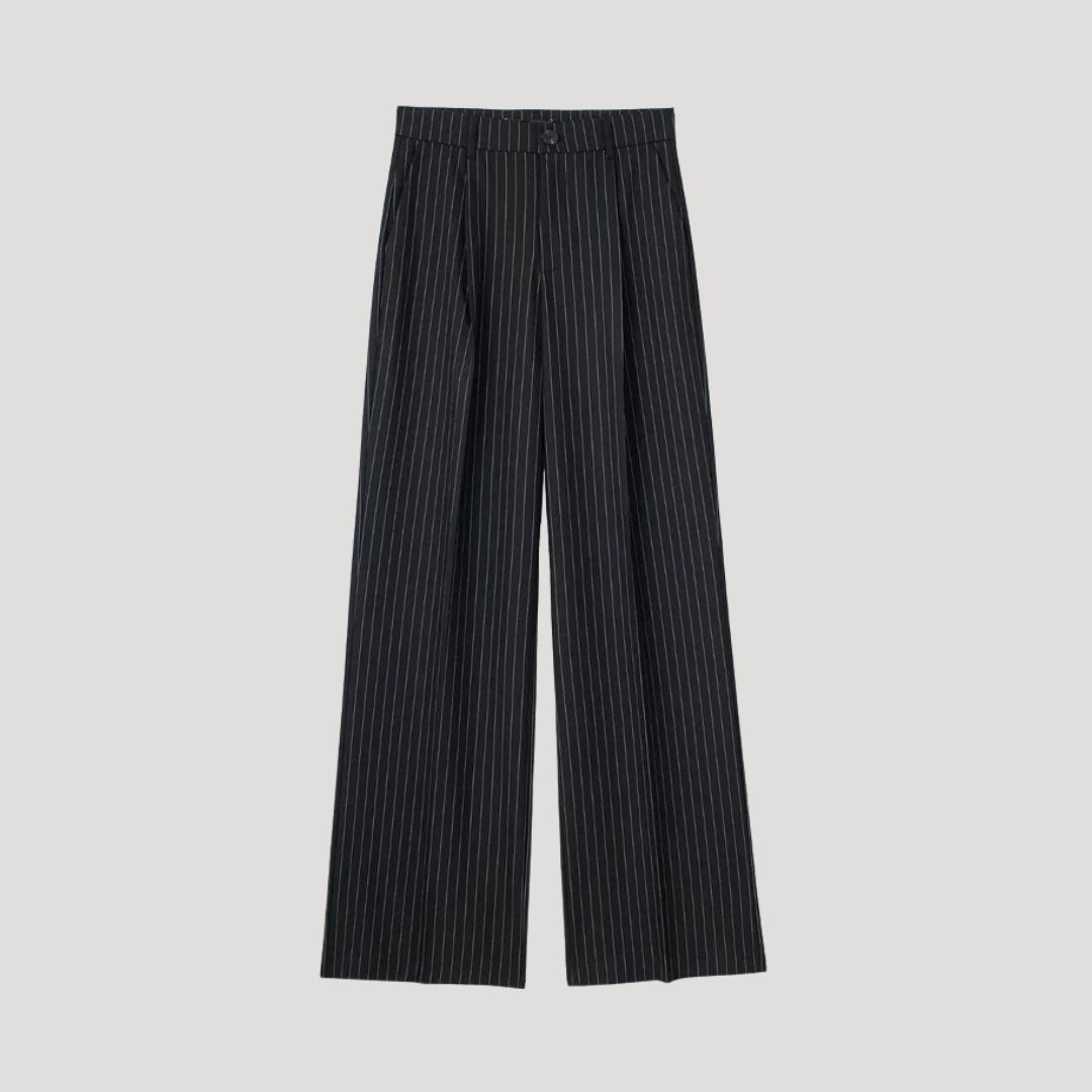 Women's pinstripe high-waist wide-leg trousers, elegant pleated front office wear with fluid drape silhouette