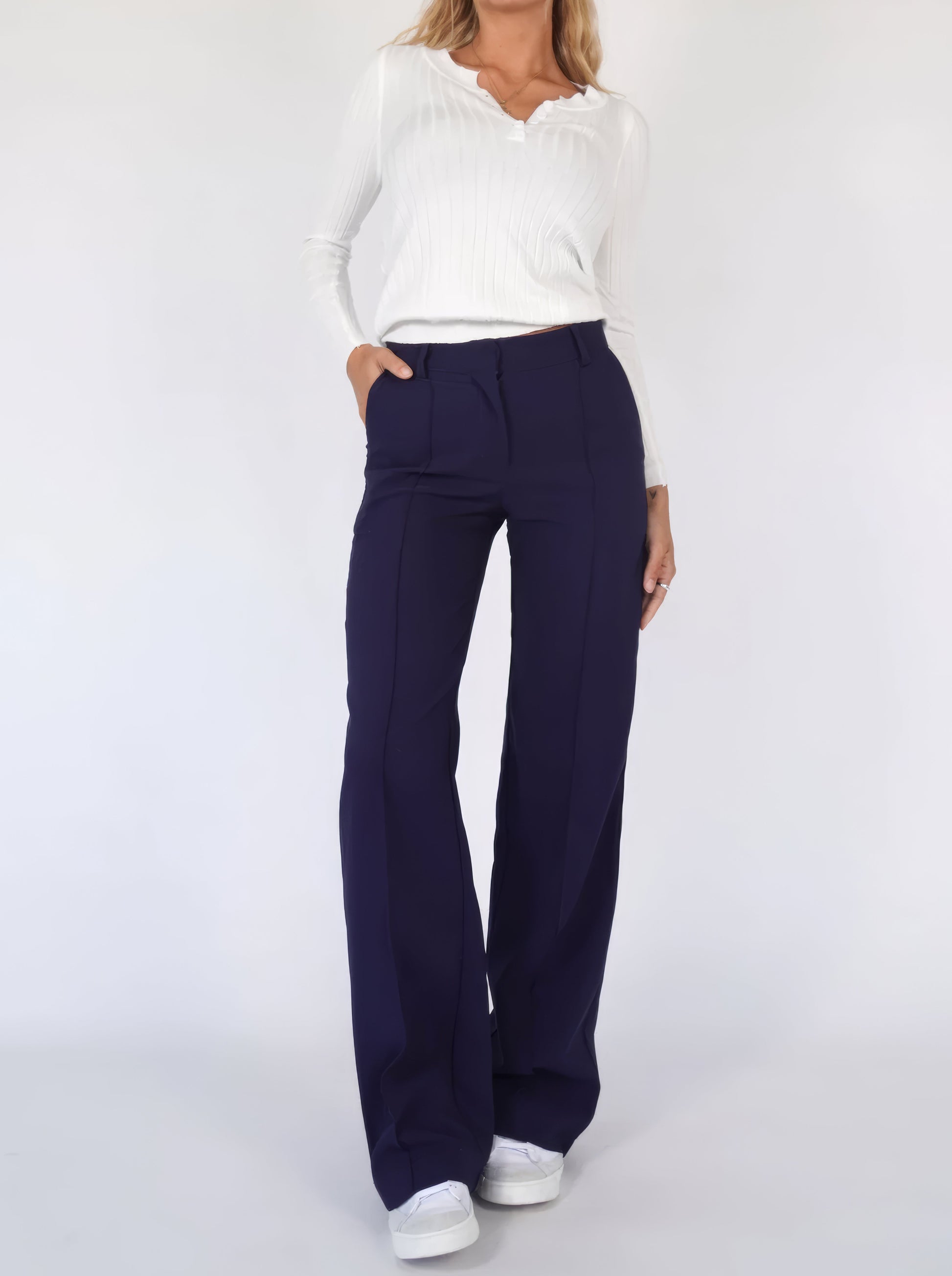 Women's high-waisted straight leg tailored trousers with centre crease, polished work-to-dinner style
