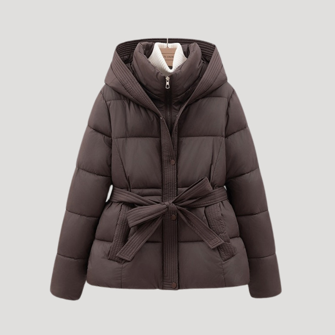 Women's belted hooded puffer jacket sleek silhouette zip closure cold-weather city coat