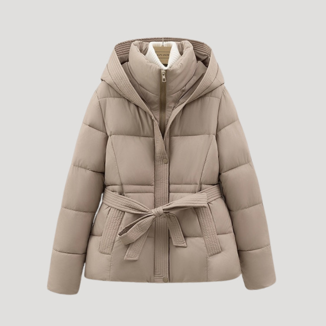 Women's belted hooded puffer jacket sleek silhouette zip closure cold-weather city coat