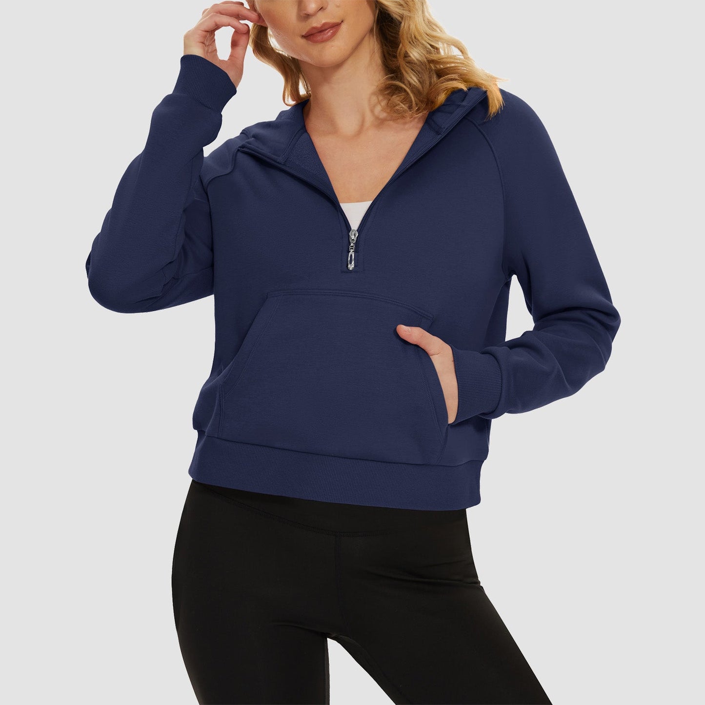 Women's cropped fleece hoodie half-zip with kangaroo pocket, cozy polyester-cotton blend for active wear