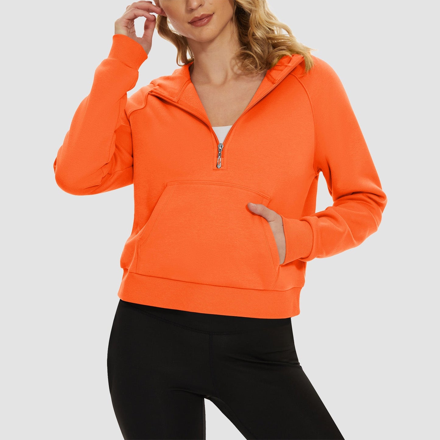 Women's cropped fleece hoodie half-zip with kangaroo pocket, cozy polyester-cotton blend warmth