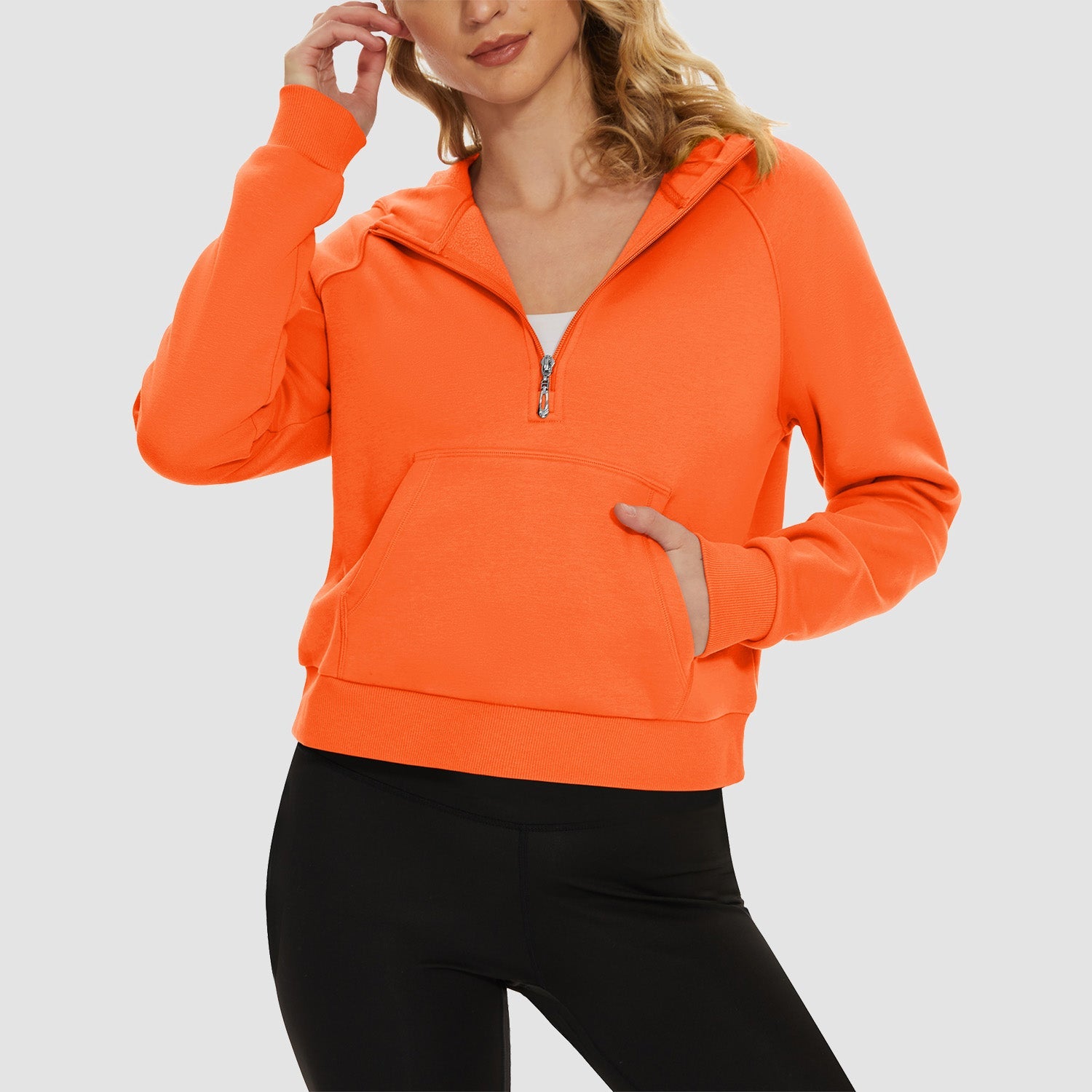 Women's cropped fleece hoodie half-zip with kangaroo pocket, cozy polyester-cotton blend warmth