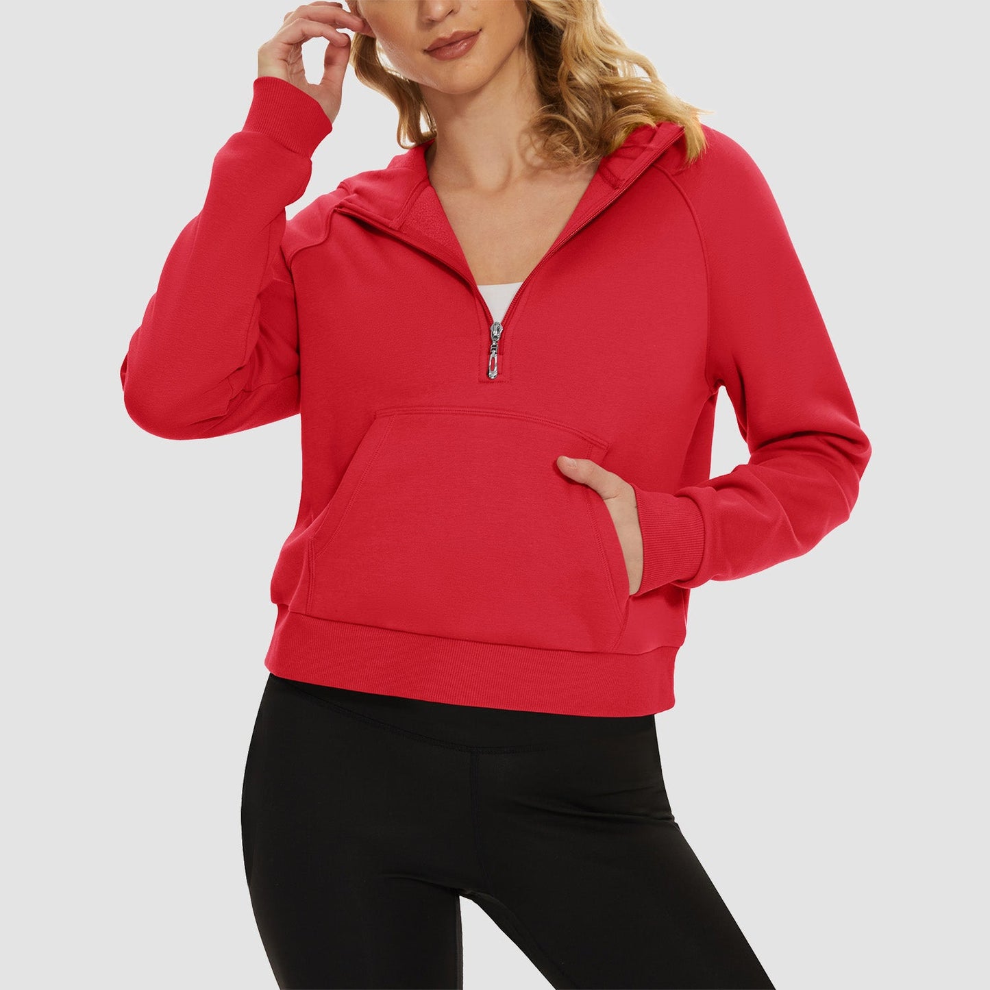 Women's cropped fleece hoodie half-zip with kangaroo pocket, cozy polyester-cotton blend for active wear