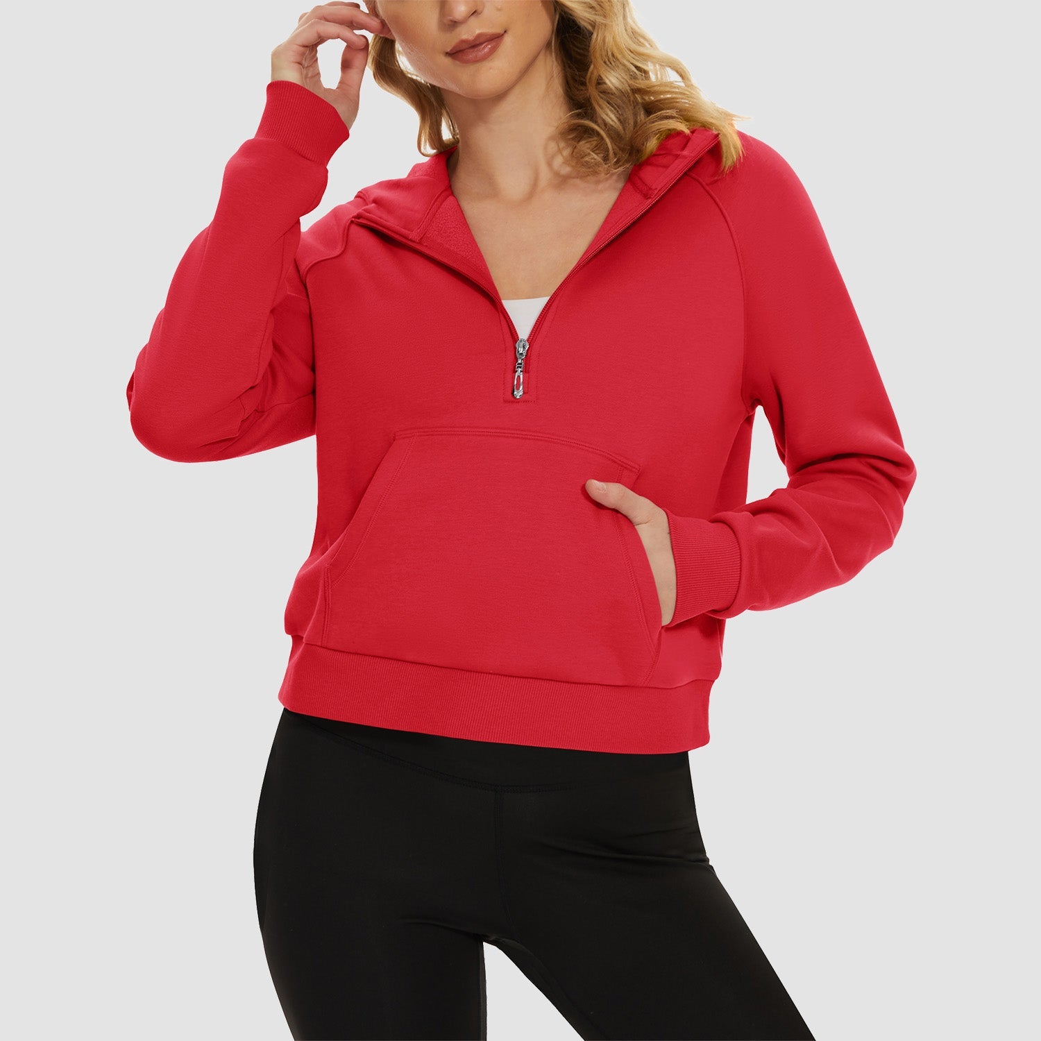 Women's cropped fleece hoodie half-zip with kangaroo pocket, cozy polyester-cotton blend for active wear